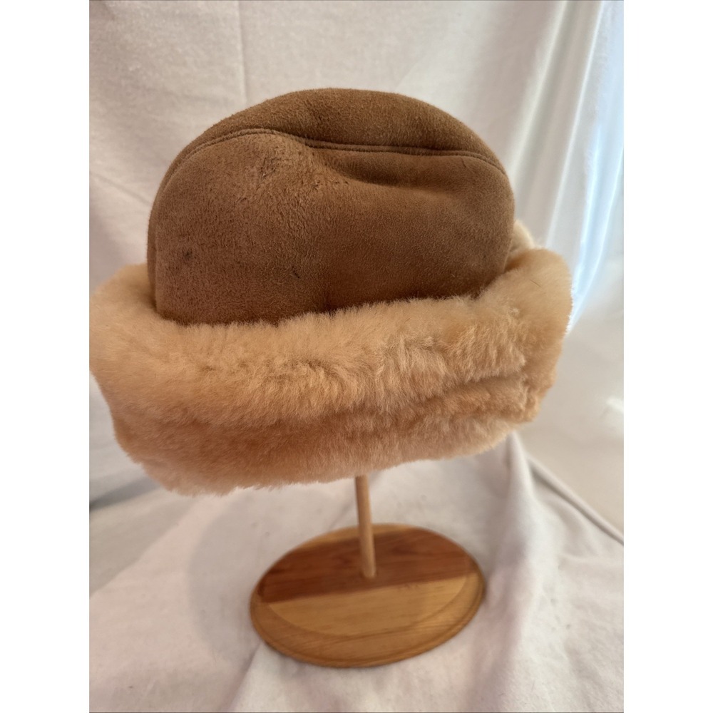 ACORN Sheep Suede Tan Bucket Hat w/Ivory Shearling Lining Size Large Fold Over